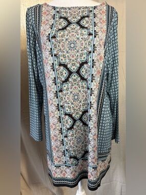 J. Jill Teal and Black Medallion Print Tunic Sz L PTP 25